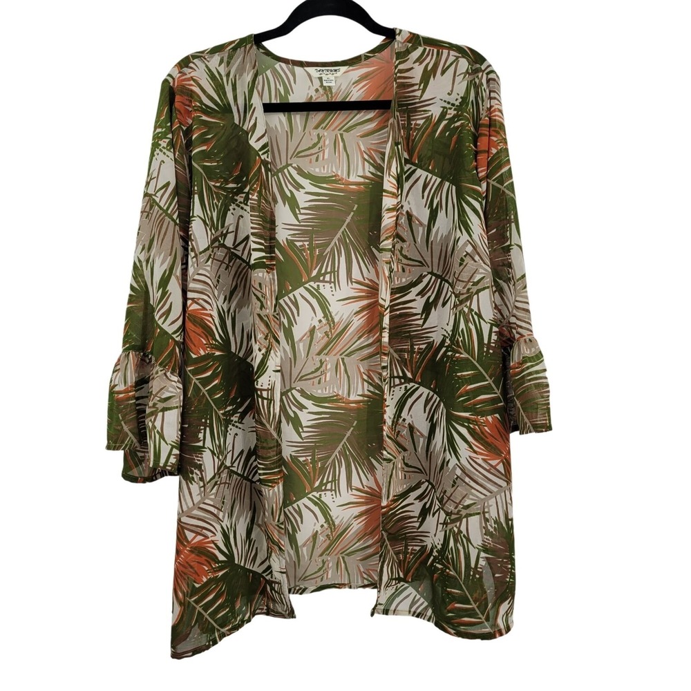Vtg 80s Sheer Ruffle Kimono Coverup XL Green‎ Botanical Camo Forest Fairy